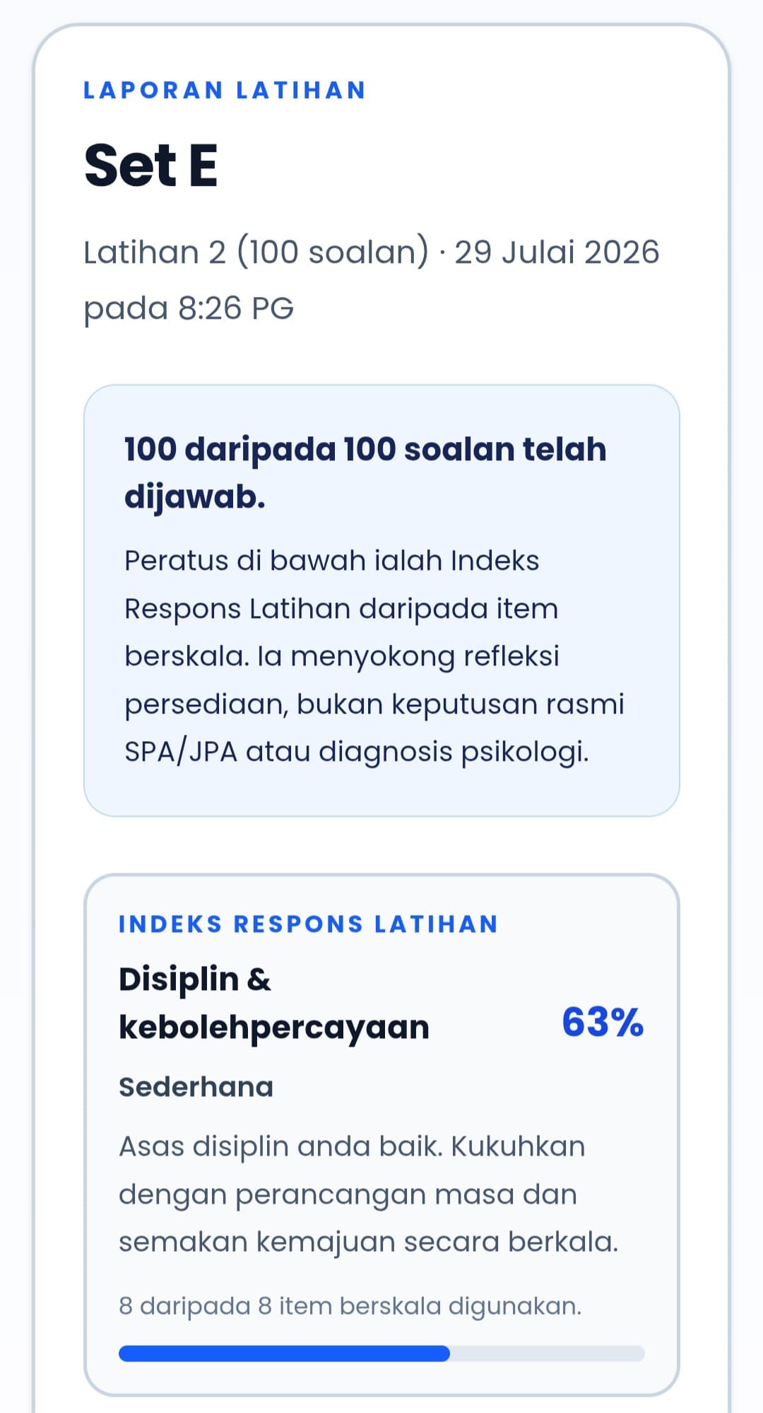 Contoh laporan respons domain latihan PsikoM pada telefon